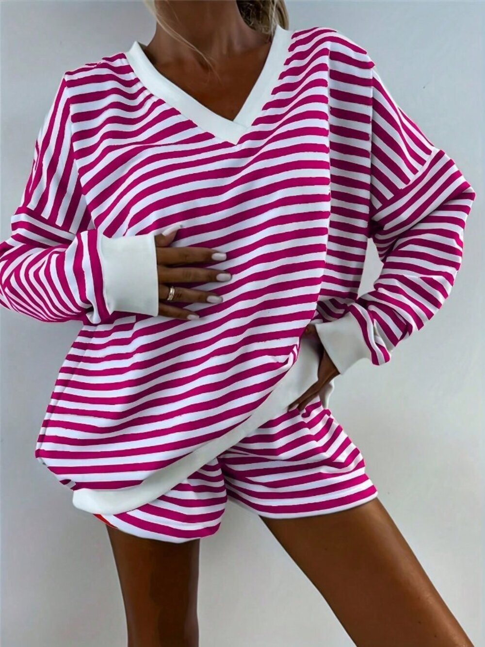 Purple Striped Women's Sleeve Top & Shorts Lounge Set